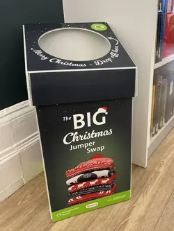 A recycling box for the Big Christmas Jumper Swap