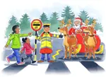 Crossing patrol showing a family across the road, they are pointing and Santa and his sleigh and reindeers which has stopped at the crossing for them to cross
