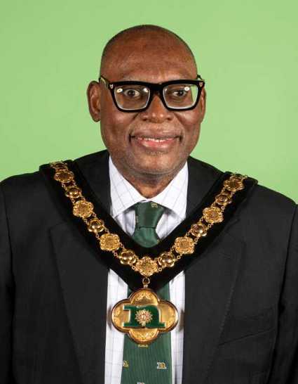 New Nottinghamshire County Council chairman, Cllr Christopher Adegoke, wearing his chains of office.