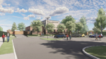 A computer generated image to show how the planned new school building will look. The school is surrounded by trees with images of parents and their children
