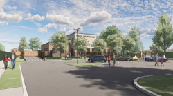 A computer generated image to show how the planned new school building will look. The school is surrounded by trees with images of parents and their children