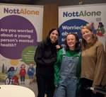 Dr Maddi Popoola, Grace Wood and Dr Órlaith Green in the NottAlone Podcast recording studio.