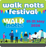 Promotional poster for Walk Notts Festival, 1-31 May 2026, featuring diverse people walking and using mobility aids.