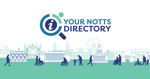 Illustrations of people walking through Nottinghamshire, with county and city landmarks drawn in outline. The text says Your Notts Directory.