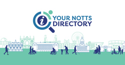 Illustrations of people walking through Nottinghamshire, with county and city landmarks drawn in outline. The text says Your Notts Directory.