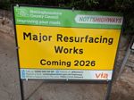 Via resurfacing highways sign which reads Major Resurfacing Works Coming 2026
