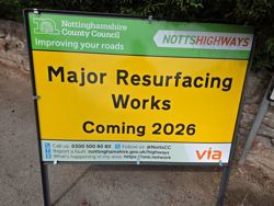 Via resurfacing highways sign which reads Major Resurfacing Works Coming 2026