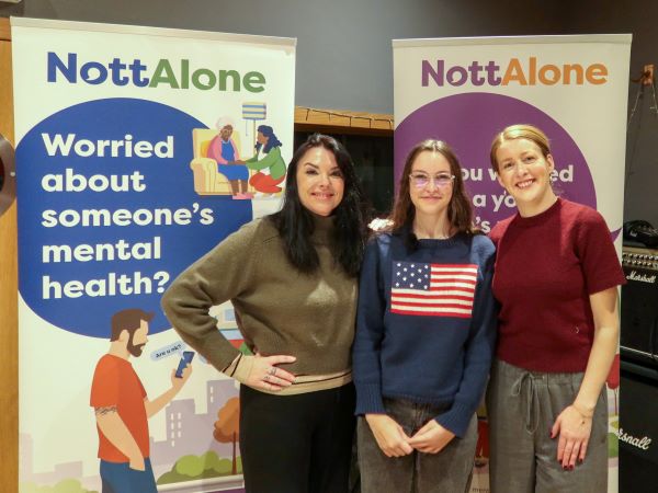 Maddie Popoola, Ella Bower and Órlaith Green in the NottAlone Podcast recording studio